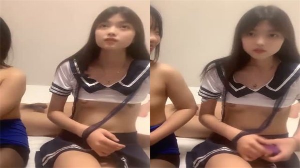 JK制服甜美姐妹花伺候纹身猛男，口交后上位骑乘狂操高潮